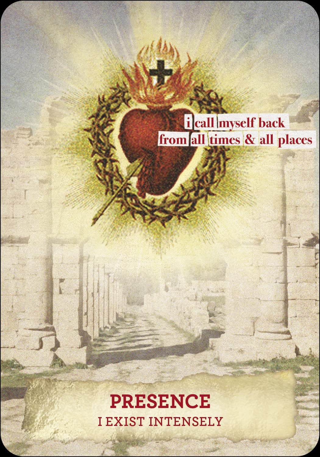 Vintage-style poster with a heart and cross design, set against an old building background.