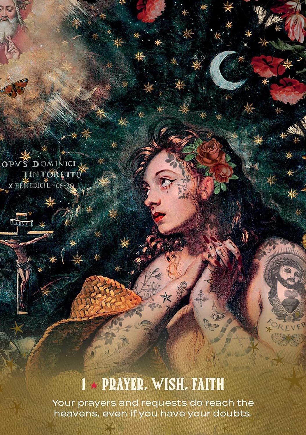 Artistic depiction of a woman with tattoos and flowers, surrounded by celestial elements.