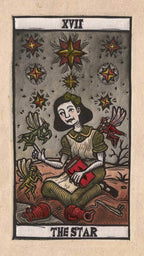 Tarot card featuring a figure holding a red box with stars and flowers around, labeled 'The Star'.