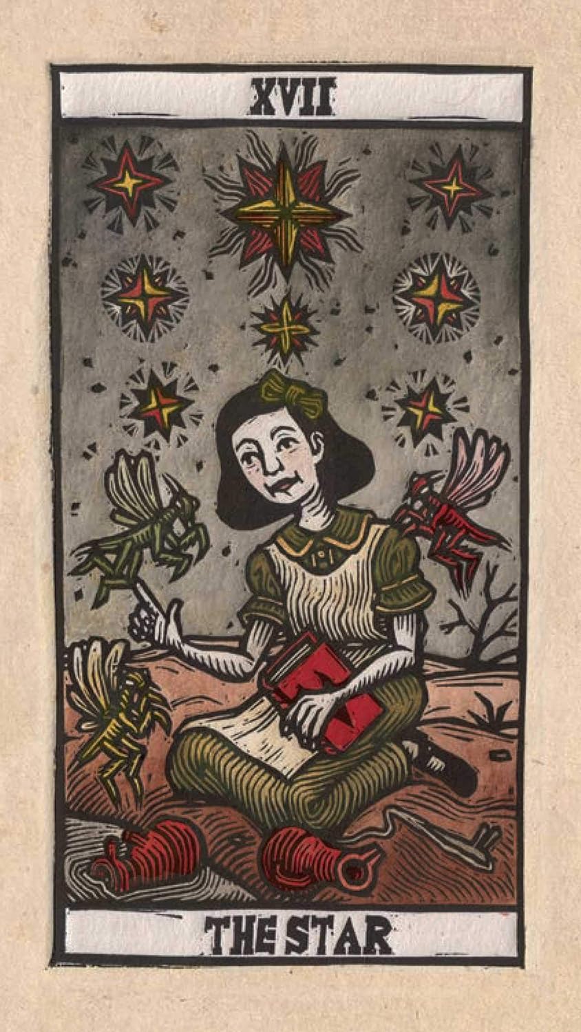 Tarot card featuring a figure holding a red box with stars and flowers around, labeled 'The Star'.