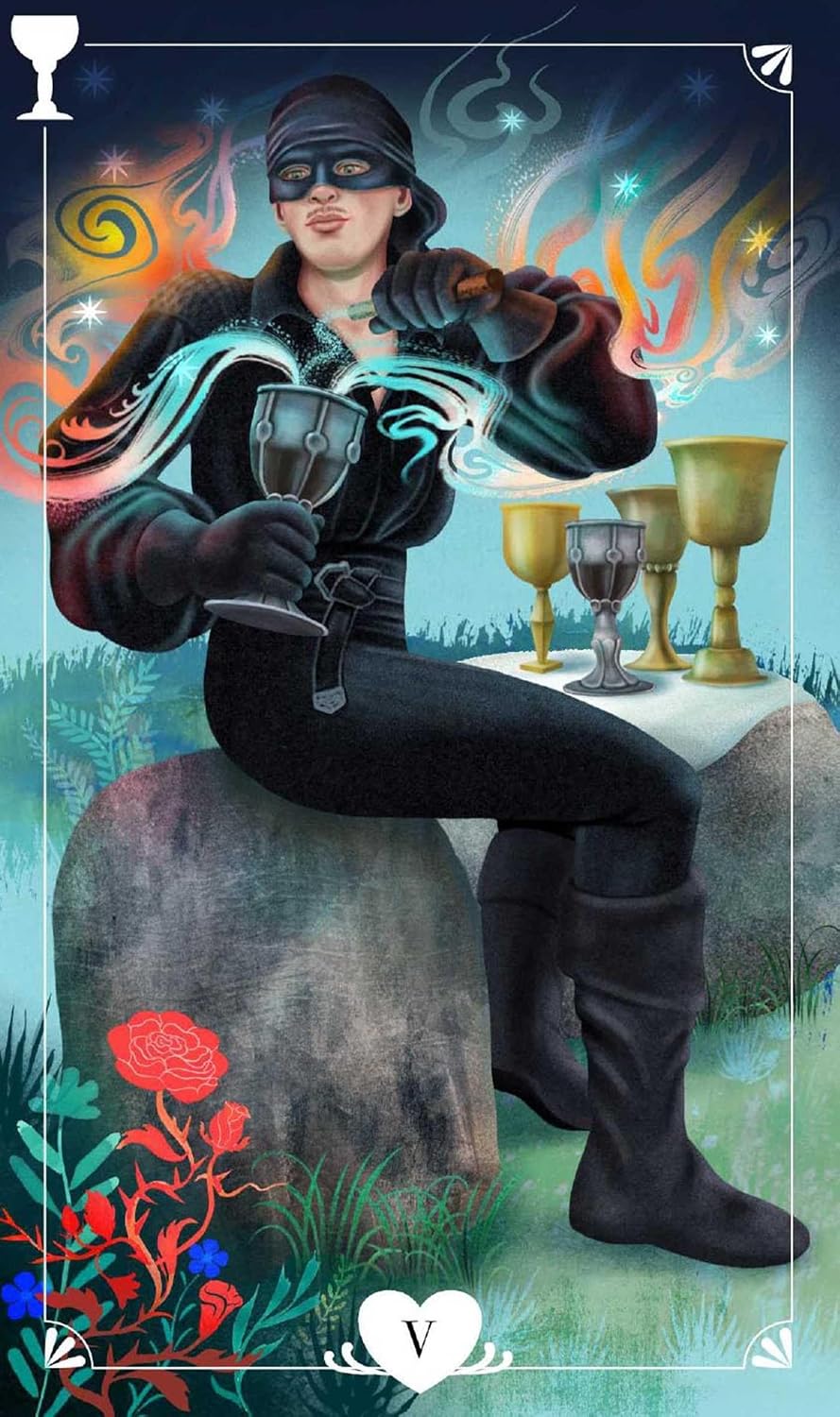 A stylized tarot card illustration featuring a masked figure in black clothing seated on a stone, holding a chalice, with additional goblets on a table, swirling magical effects, flowers, and a teal background.