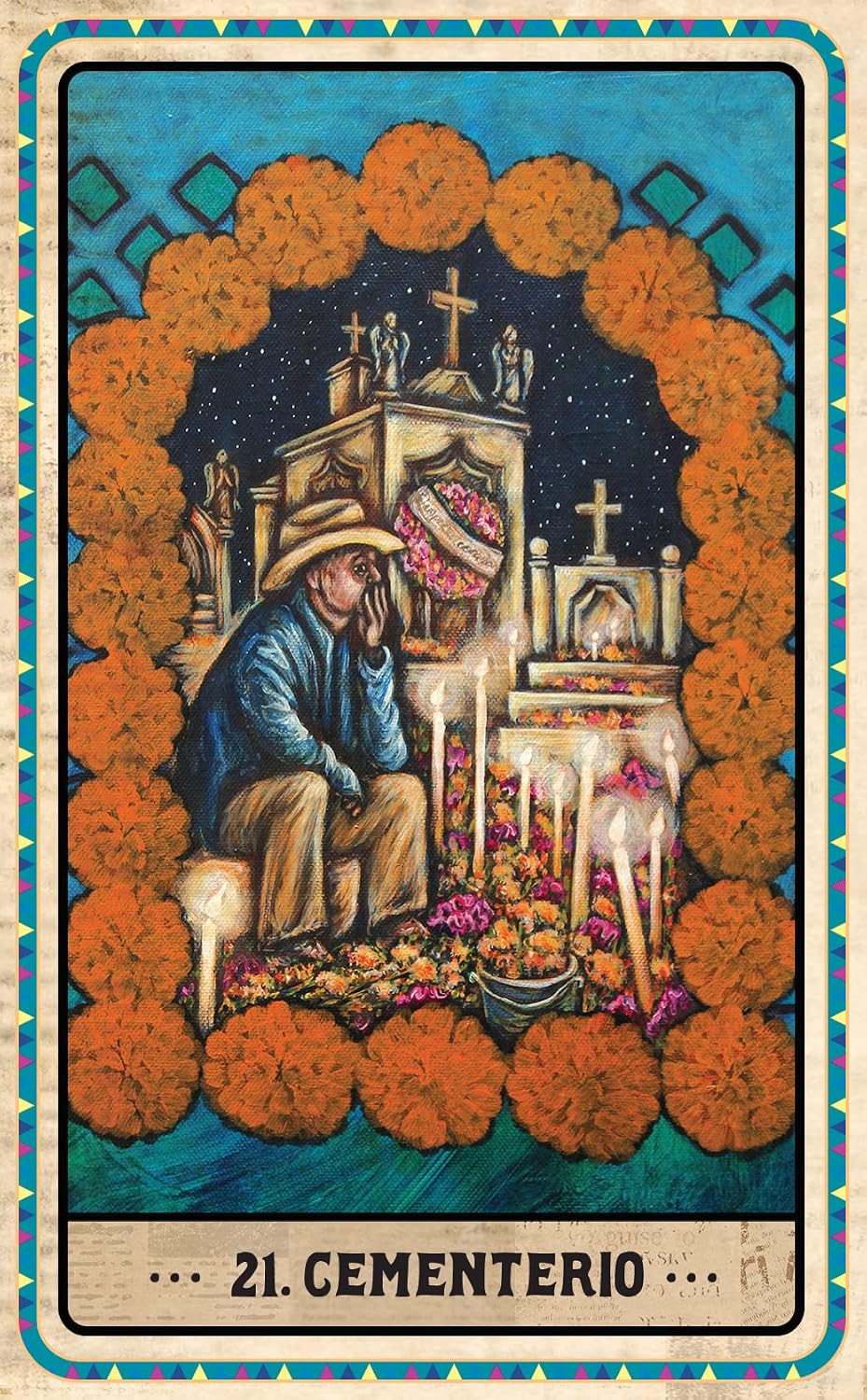 A tarot-style art print titled '21. CEMENTERIO' showing a seated man in a hat at a small altar with candles, flowers, and crosses, framed by orange marigolds on a blue and cream border.