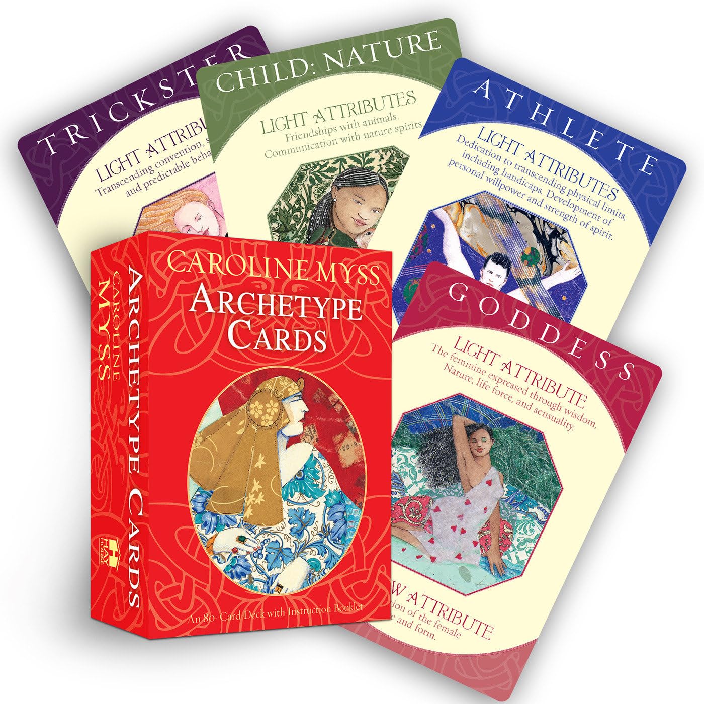 Set of Caroline Myss' Archetype Cards with colorful card backs on a white background