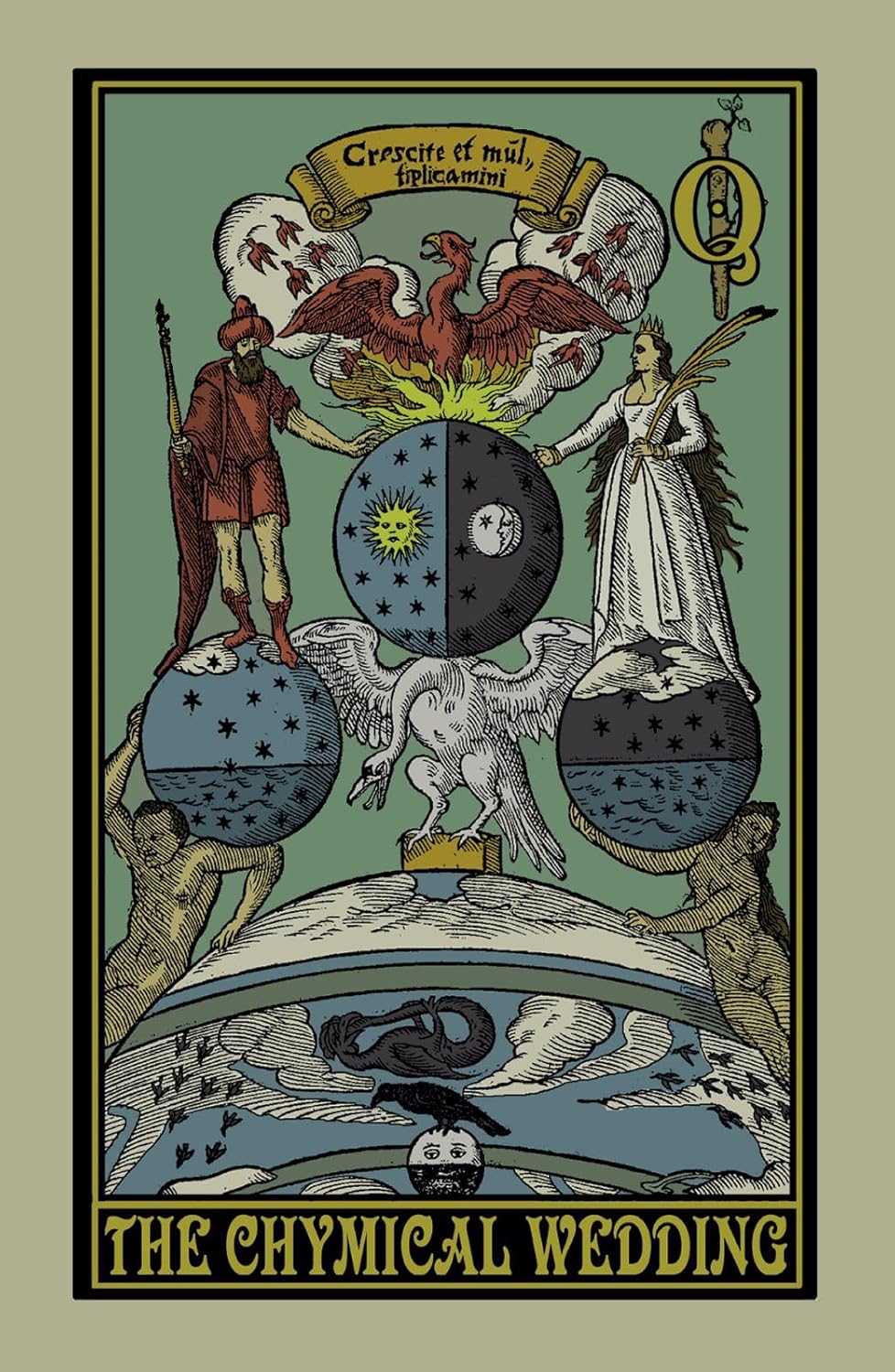 Decorative card titled 'The Chymical Wedding' with mythological figures and symbols on a green background.