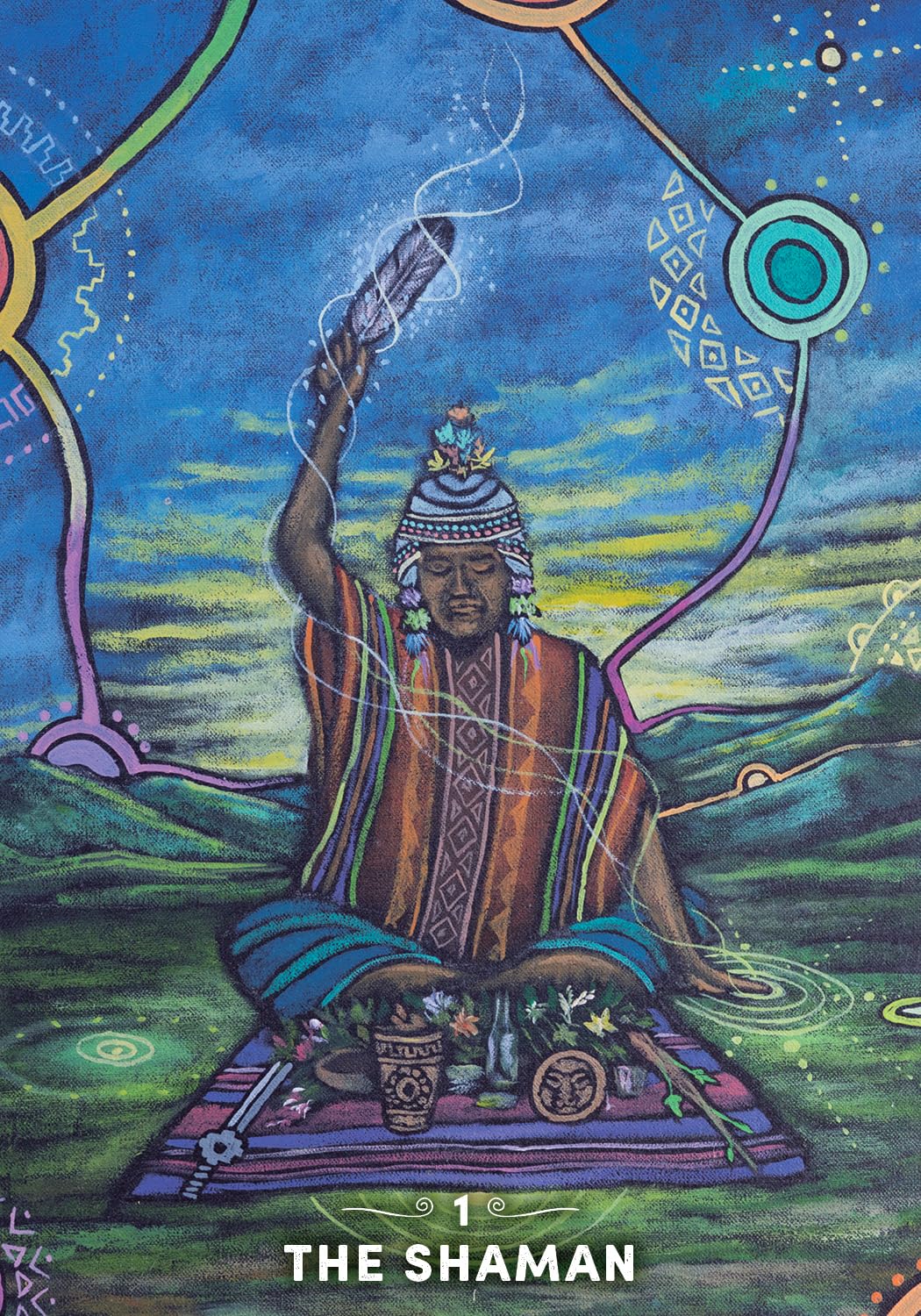 Card featuring a shaman in traditional attire with a blue and green background