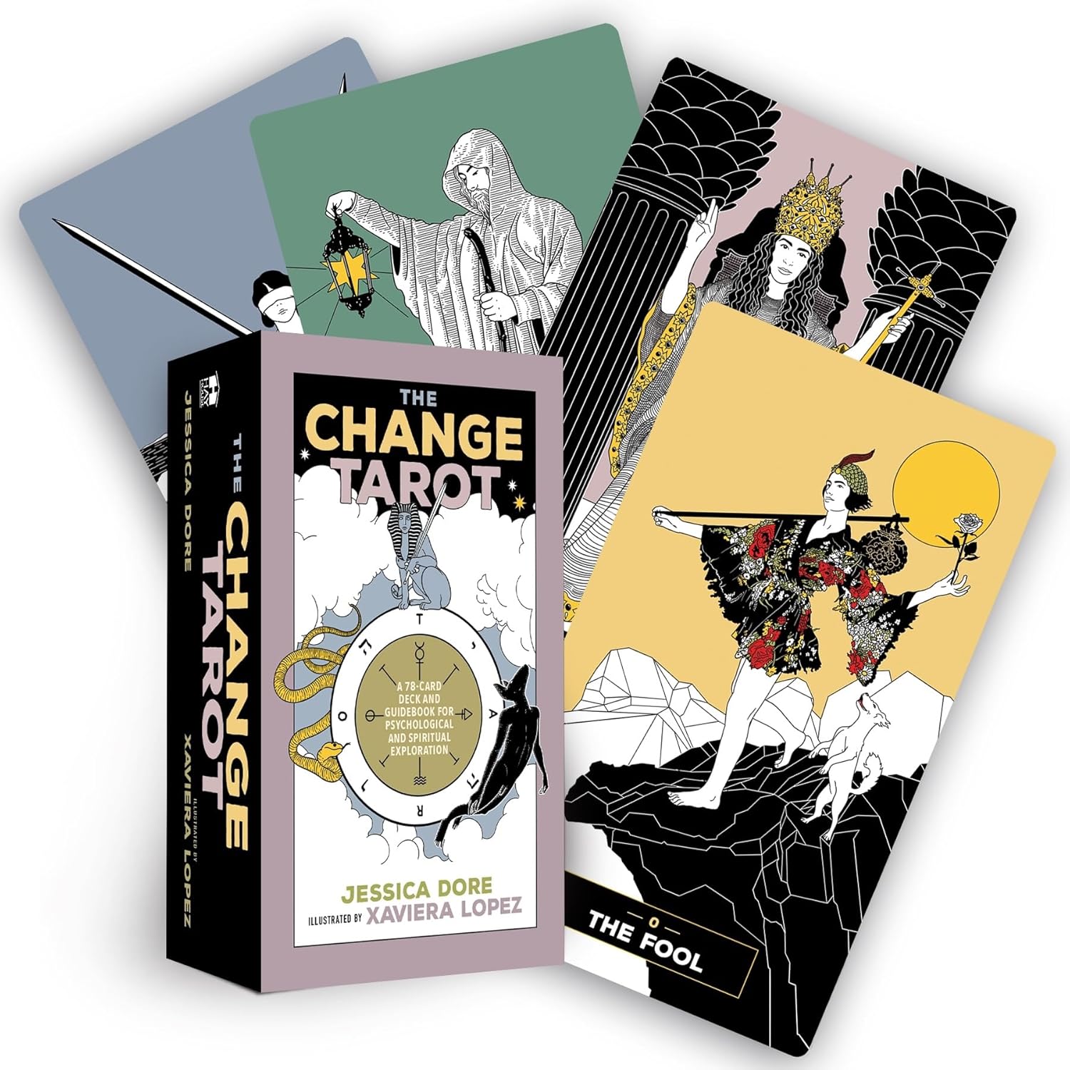 Change Tarot cards with box and cards displayed on a white background