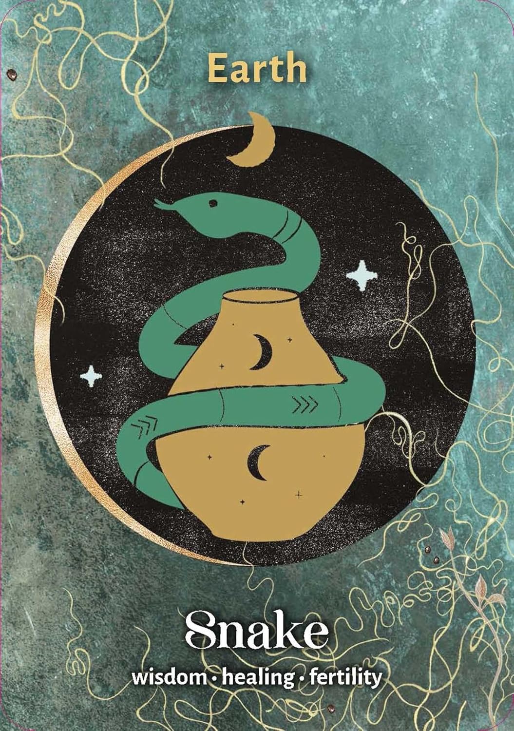 Design of a snake coiled around a vase with celestial elements on a textured background.