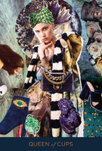 Collage of fashion items with a central figure wearing a striped outfit and holding a handbag, surrounded by jewelry and accessories.