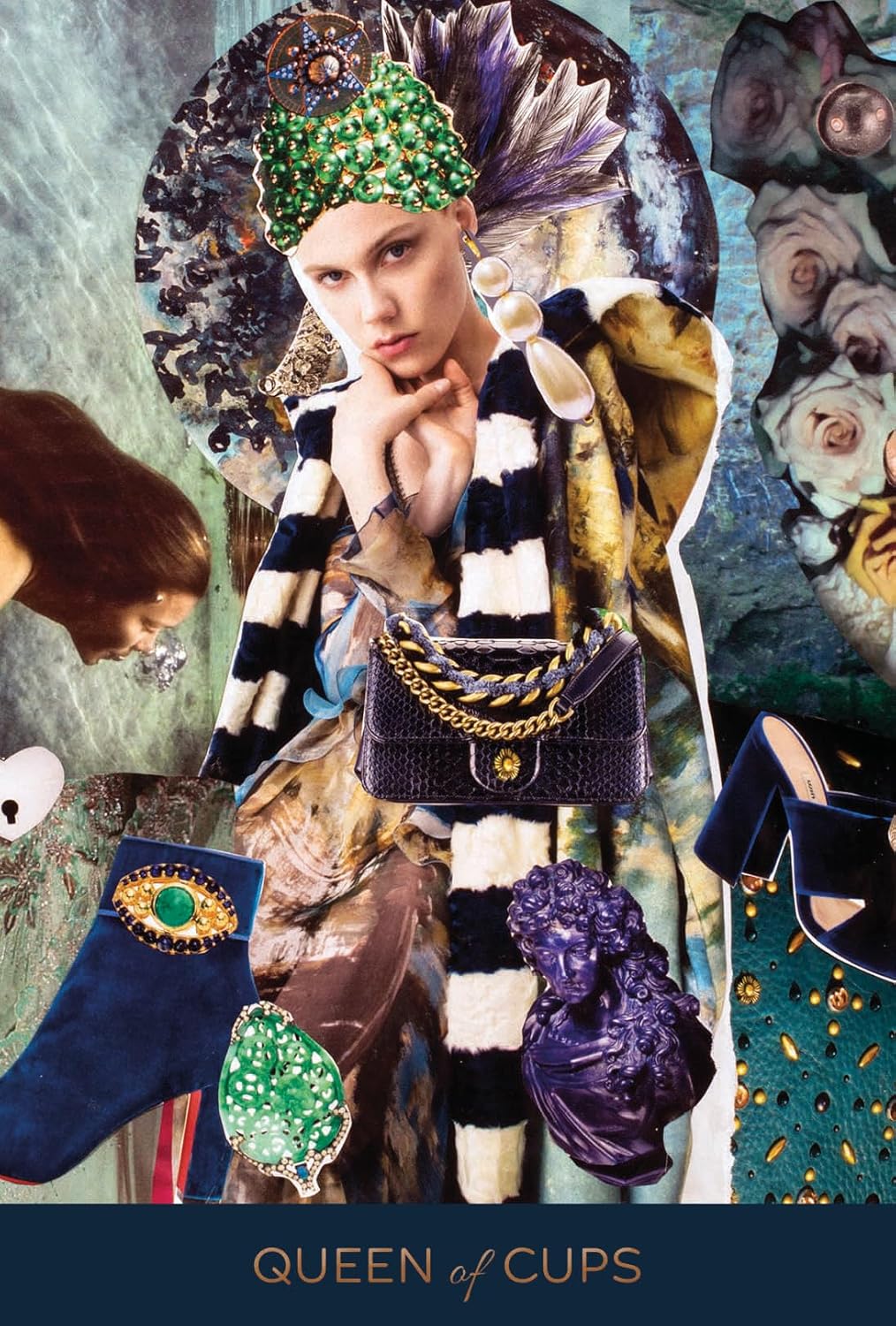 Collage of fashion items with a central figure wearing a striped outfit and holding a handbag, surrounded by jewelry and accessories.