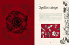 A two-page spread from a book or booklet about making a 'Spell envelope.' The left page has a deep red background with a black illustrated pentagram inside a wreath.