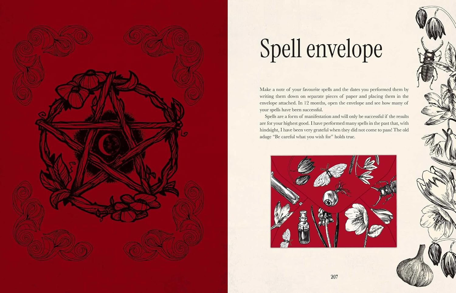 A two-page spread from a book or booklet about making a 'Spell envelope.' The left page has a deep red background with a black illustrated pentagram inside a wreath.