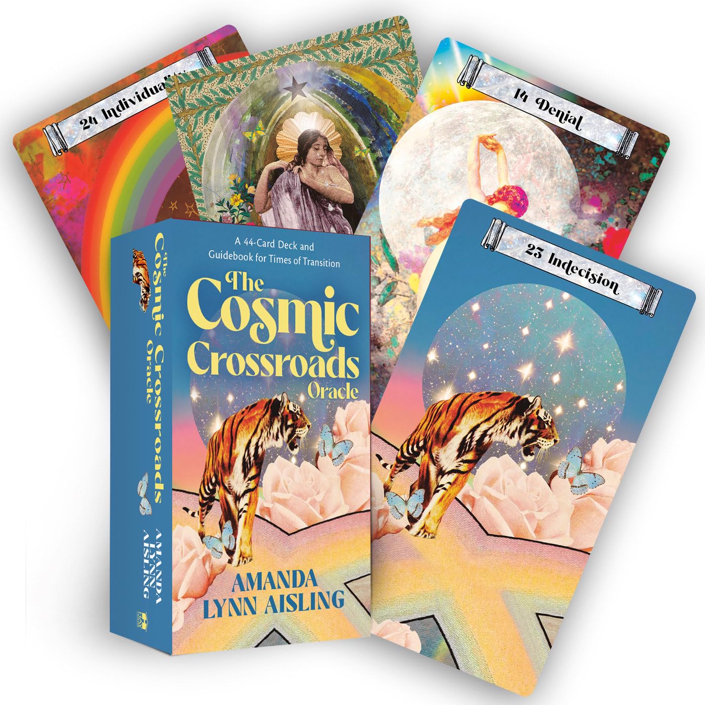 Cosmic Crossroads Oracle card set with tiger illustration and colorful packaging.