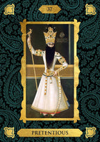 Card with a person in elaborate attire on a decorative background, labeled 'Pretentious'.