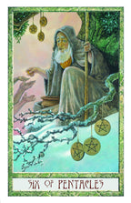 Tarot card featuring an elderly sage with a staff, surrounded by pentacle symbols and branches.