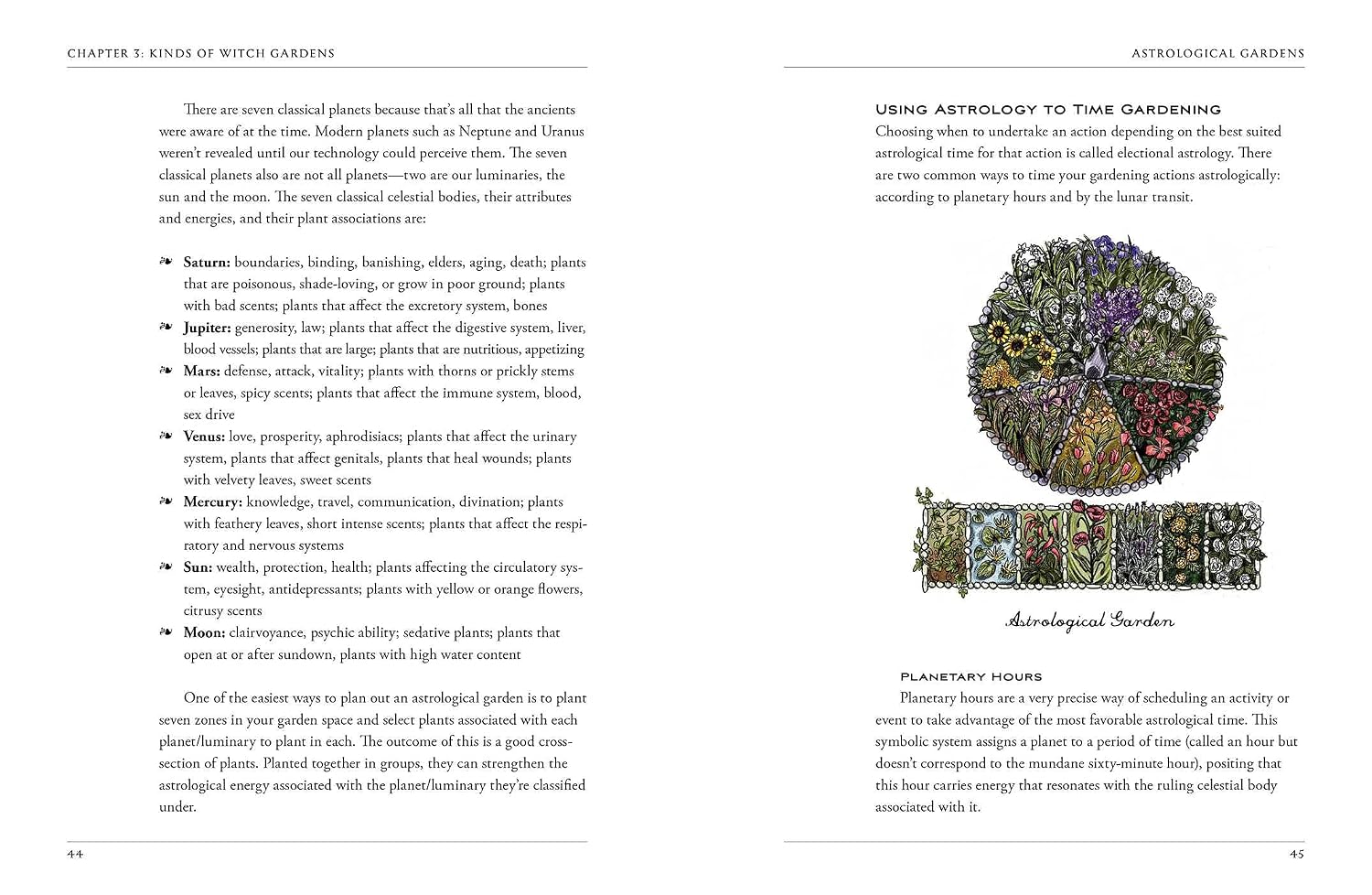 Page from a book on astrological gardening with text and an illustration of plants.