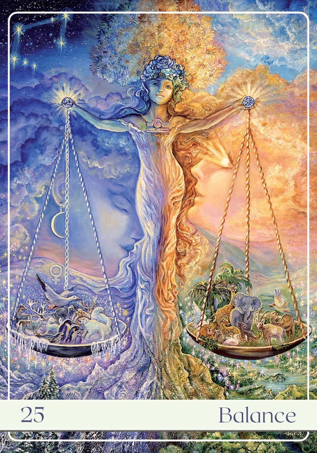 Artistic depiction of a balance scale with celestial and nature elements, labeled 'Balance'.