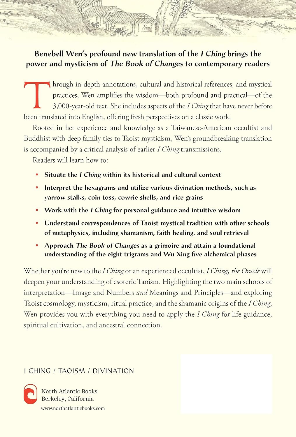 A book cover or booklet cover for 'I Ching / Taoism / Divination' by Benebell Wen, featuring a textured light beige background with a large red serif letter 'T', bullet points, and the North Atlantic Books logo at the bottom.