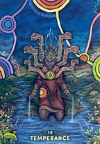Card titled 'Temperance' with a stylized figure in a natural setting, featuring vibrant colors and abstract elements.