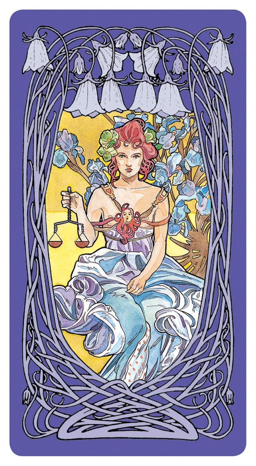 Art Nouveau-style card featuring a woman with red hair and a heart, surrounded by floral elements.