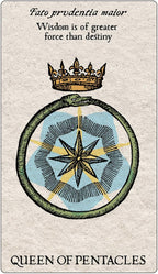 Card featuring a star design with a crown and text about wisdom and destiny on a beige background.