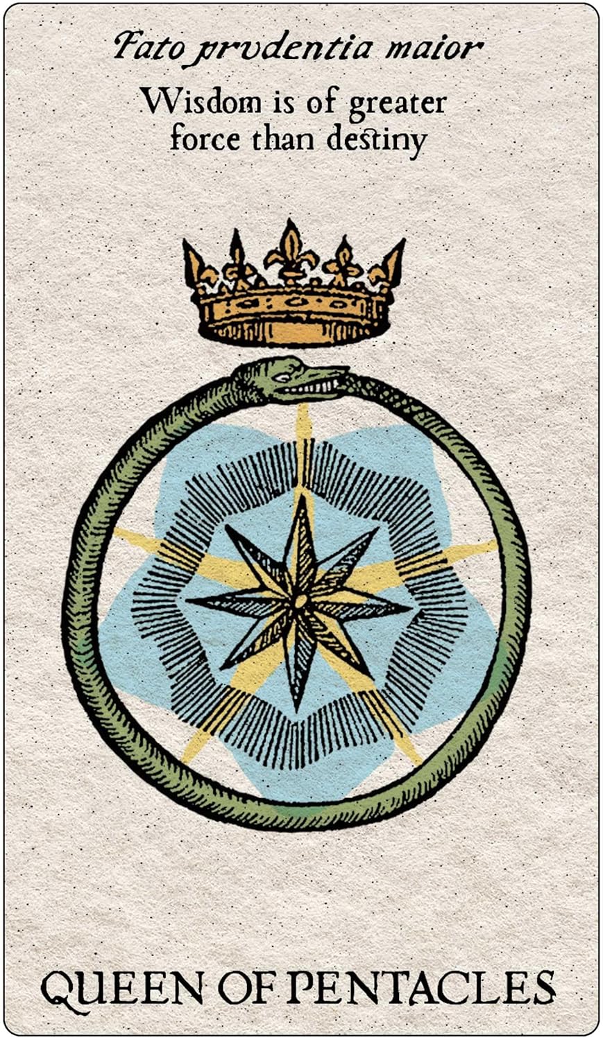 Card featuring a star design with a crown and text about wisdom and destiny on a beige background.