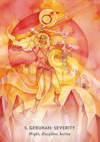 Artistic depiction of a figure wielding a sword with fiery background, labeled 'Geburah: Severity'.