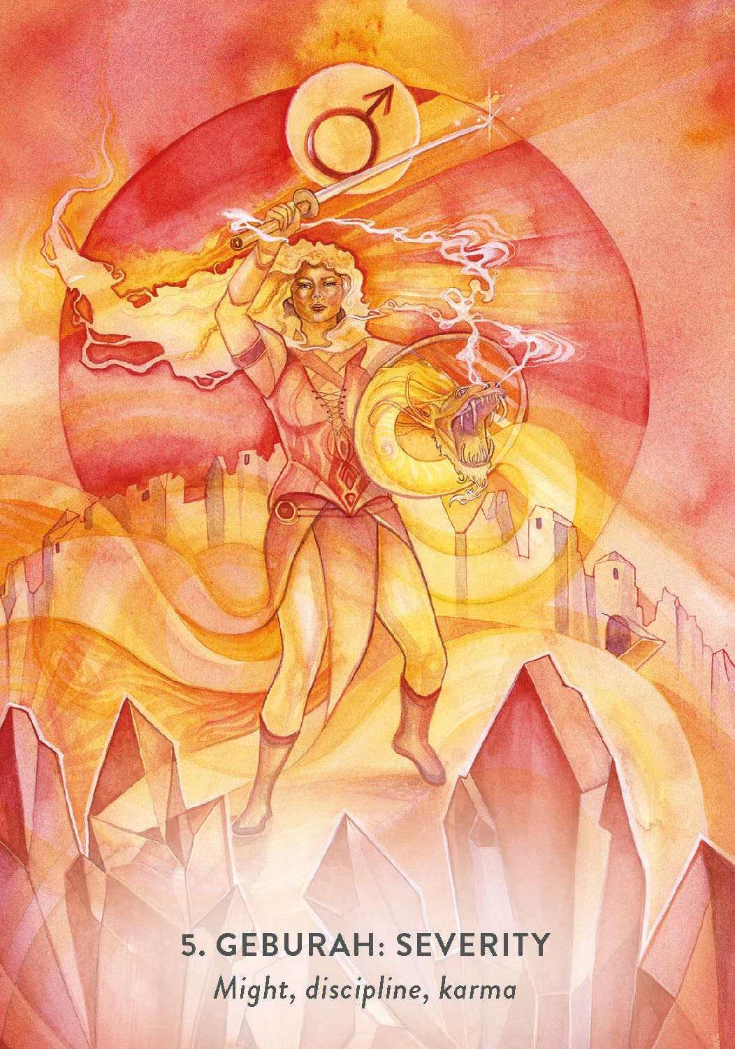 Artistic depiction of a figure wielding a sword with fiery background, labeled 'Geburah: Severity'.