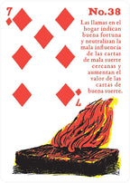 A Spanish playing card design featuring a white background with red diamond suit markers, the text 'No.38' and descriptive Spanish text, and an illustration of flames rising from a black and red stack of cards at the bottom.