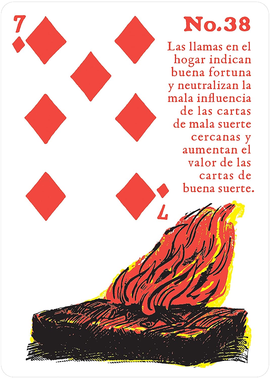 A Spanish playing card design featuring a white background with red diamond suit markers, the text 'No.38' and descriptive Spanish text, and an illustration of flames rising from a black and red stack of cards at the bottom.