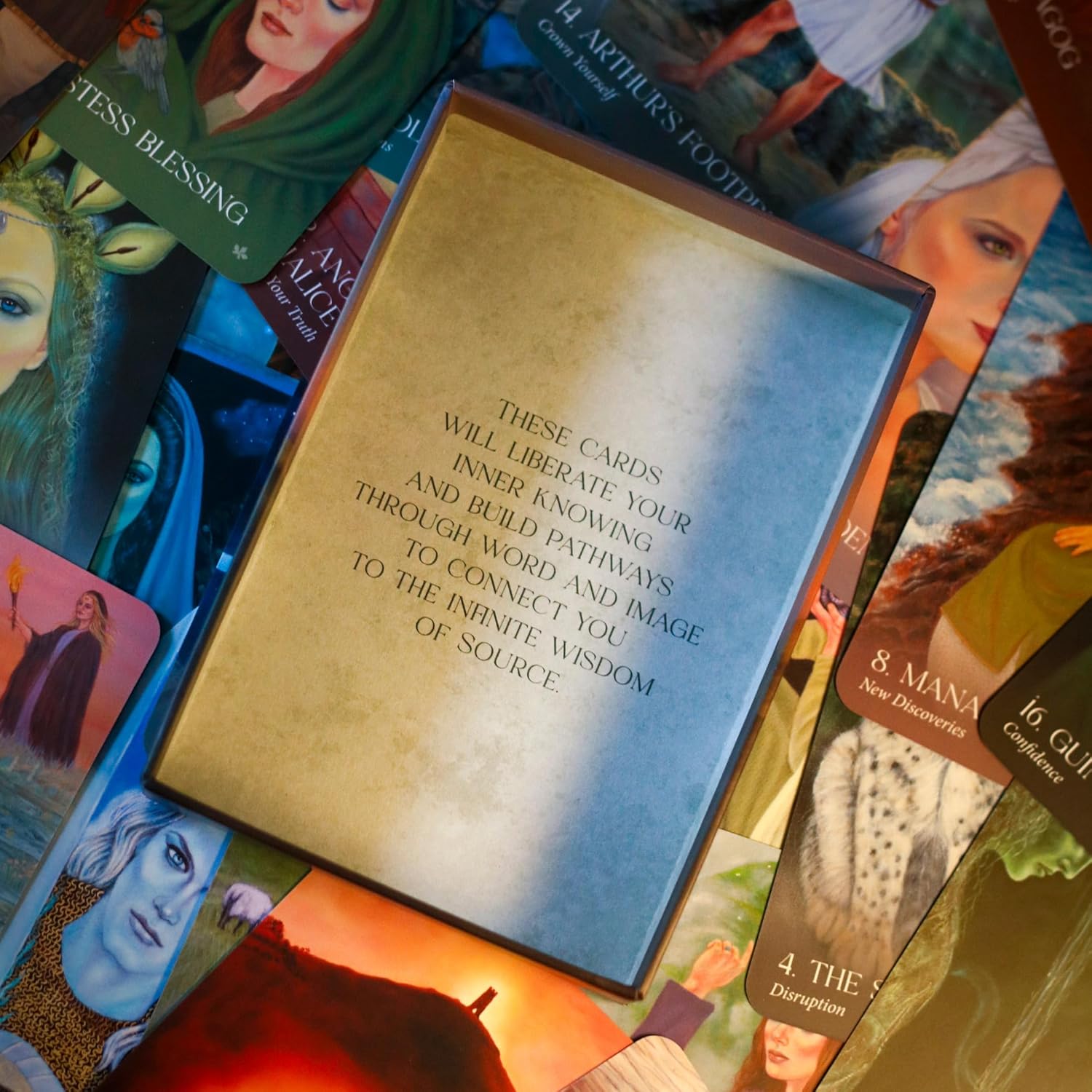Collection of tarot cards with a central card featuring text