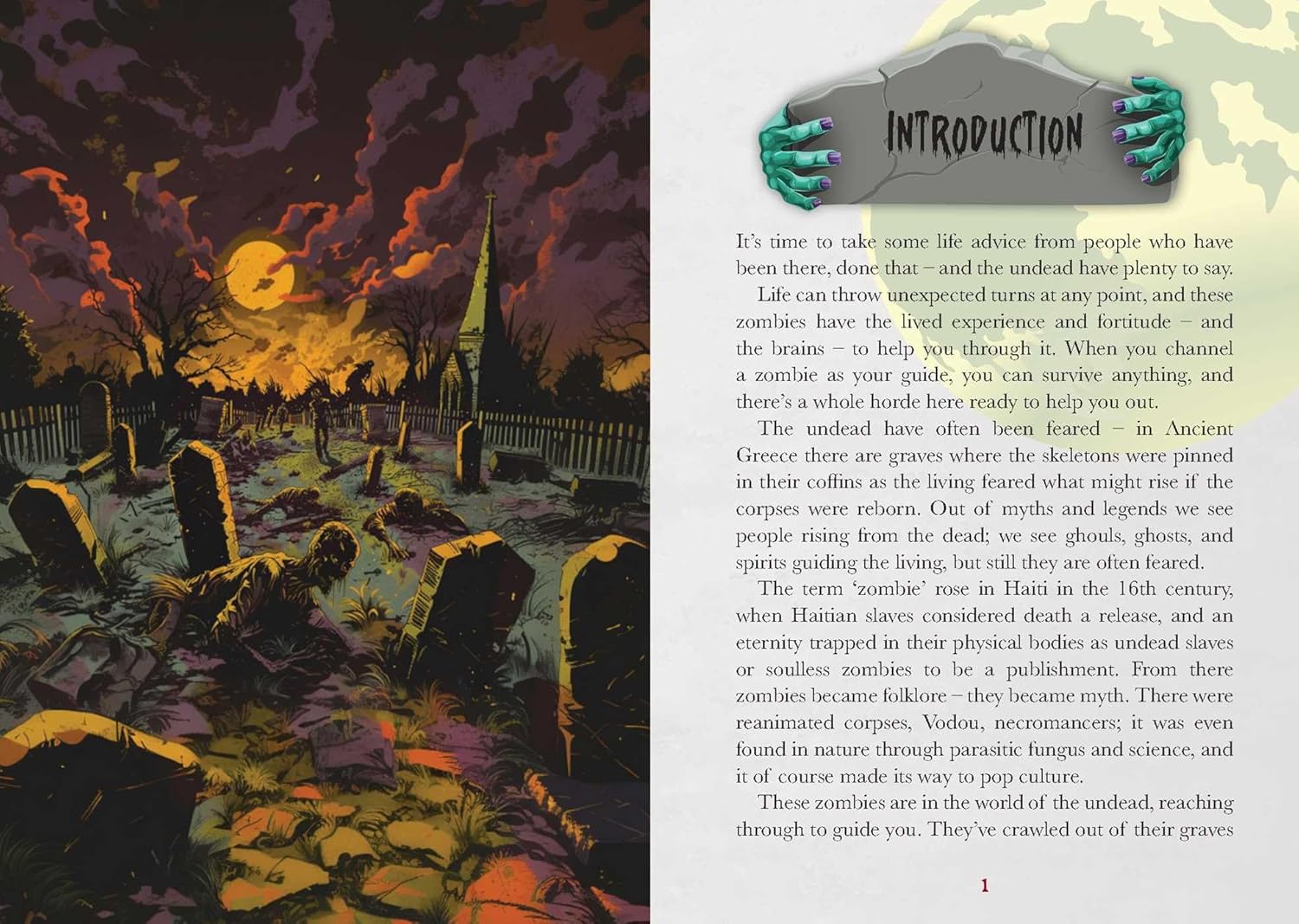 Glossary entry with a colorful illustration of a graveyard at night.