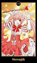 Anime character in a red and white outfit with a wand labeled 'Strength' on a yellow background
