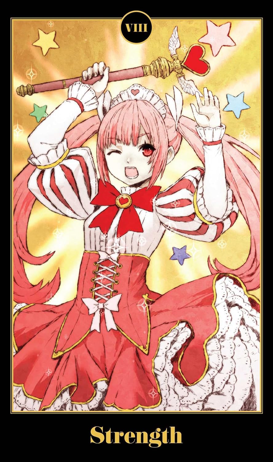 Anime character in a red and white outfit with a wand labeled 'Strength' on a yellow background
