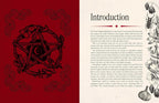 An open book spread showing the 'Introduction' page. The left page has a deep red background with black ornate illustrations, and the right page is white with black text and botanical line drawings along the right margin.