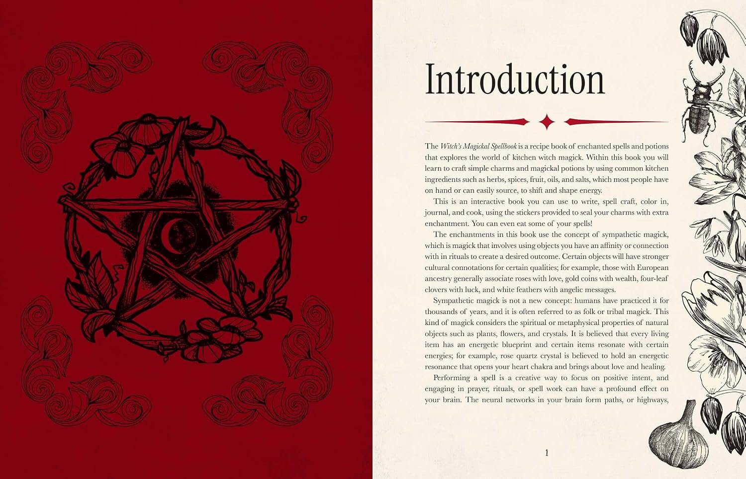 An open book spread showing the 'Introduction' page. The left page has a deep red background with black ornate illustrations, and the right page is white with black text and botanical line drawings along the right margin.