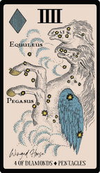 Card featuring a winged horse illustration with text and symbols
