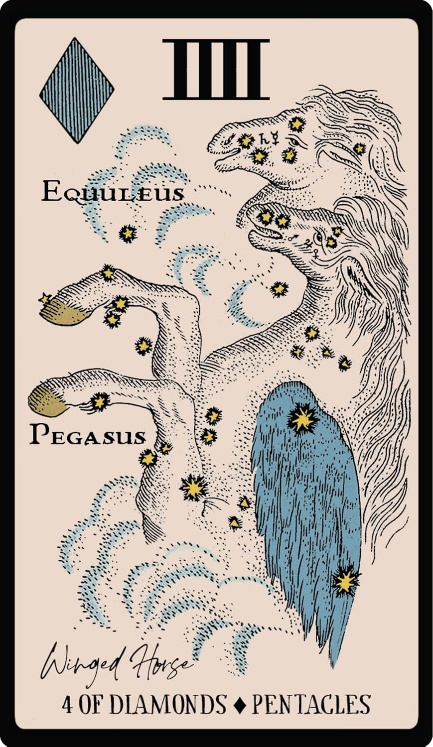Card featuring a winged horse illustration with text and symbols