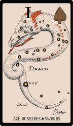 Card featuring a dragon illustration with text and symbols on a beige background