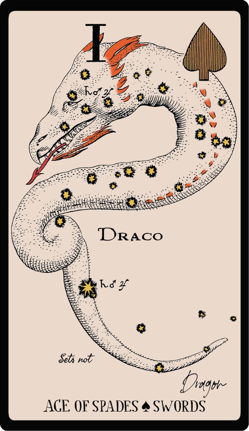 Card featuring a dragon illustration with text and symbols on a beige background