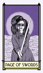 Tarot card illustration of 'Page of Swords' with a person holding a sword against a purple background.