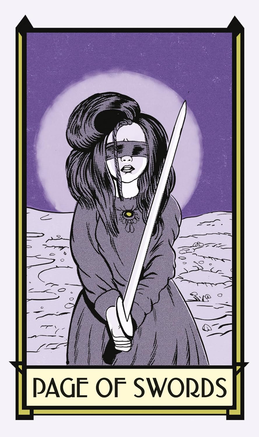Tarot card illustration of 'Page of Swords' with a person holding a sword against a purple background.
