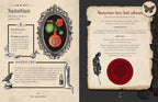 An open vintage-style book or booklet spread showing illustrated and text-based pages about a 'Nasturtium' spell, with parchment-like pages, black ink illustrations, a butterfly, and a red circular emblem on a dark background.