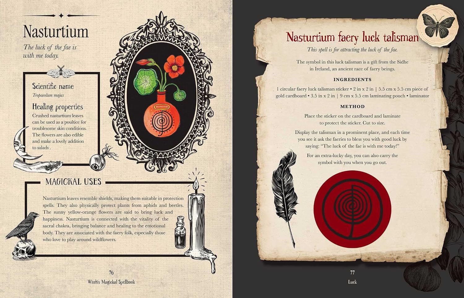 An open vintage-style book or booklet spread showing illustrated and text-based pages about a 'Nasturtium' spell, with parchment-like pages, black ink illustrations, a butterfly, and a red circular emblem on a dark background.