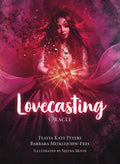 Book cover for 'Lovecasting Oracle' featuring a woman in a flowing magenta gown holding a glowing orange heart, with the title in large white script and author names at the bottom.