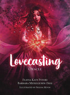 Book cover for 'Lovecasting Oracle' featuring a woman in a flowing magenta gown holding a glowing orange heart, with the title in large white script and author names at the bottom.