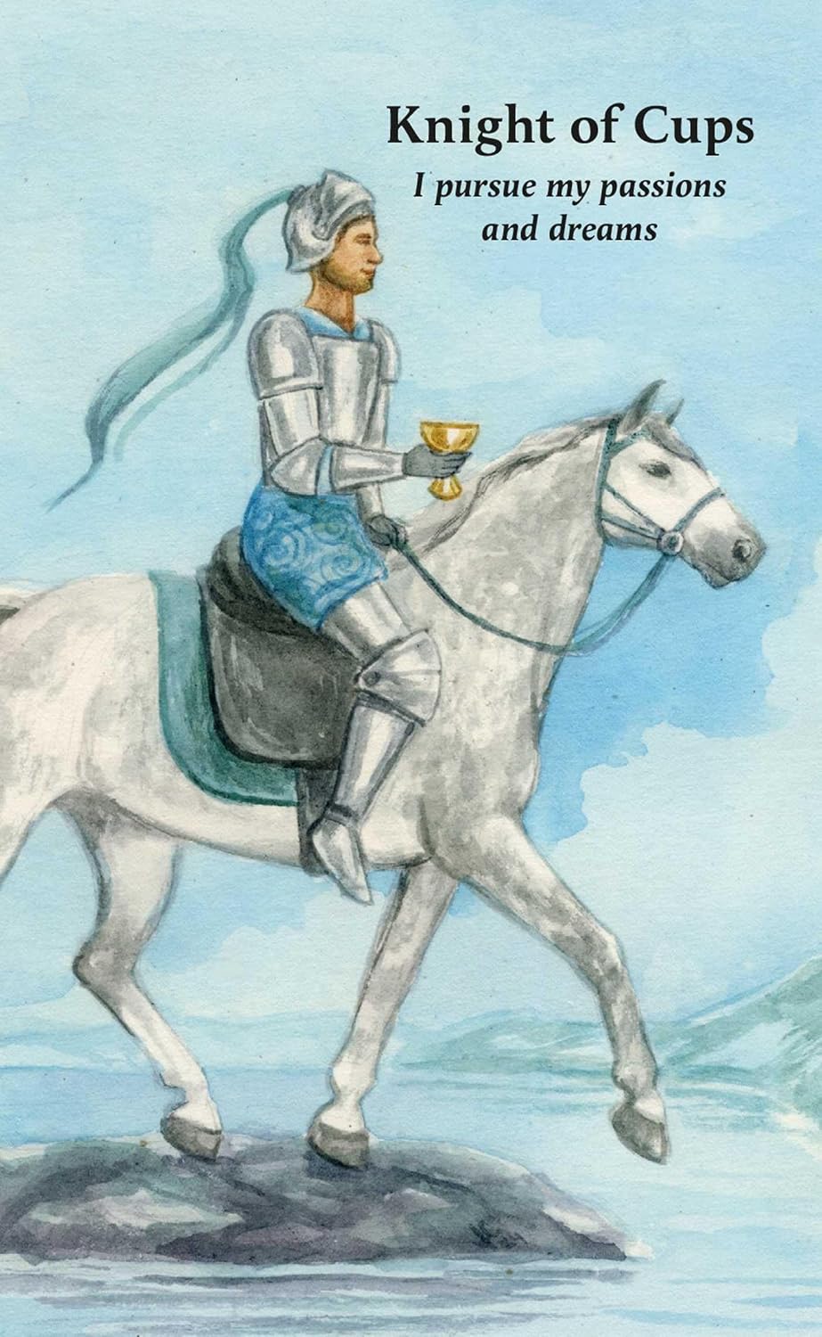 Knight on a horse with a cup, symbolizing passion and dreams, against a light blue background.