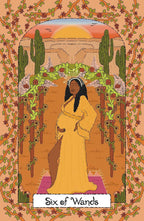 Tarot card illustration titled 'Six of Wands' showing a pregnant woman in a flowing yellow dress standing in front of a desert landscape with cacti and an arch of greenery, framed by a floral border.