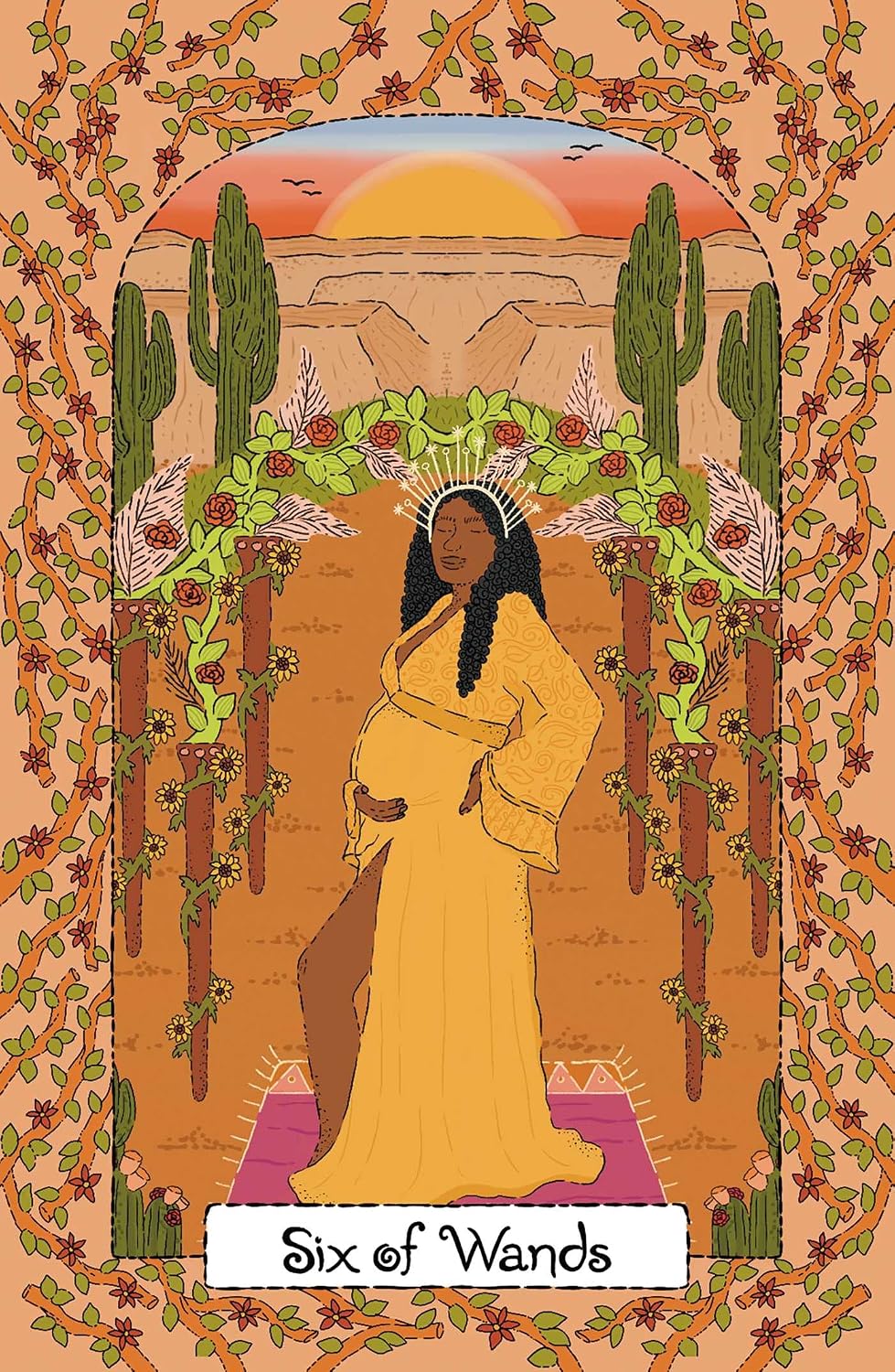 Tarot card illustration titled 'Six of Wands' showing a pregnant woman in a flowing yellow dress standing in front of a desert landscape with cacti and an arch of greenery, framed by a floral border.