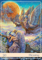 Artistic depiction of two angels with a large sun in the background, titled 'Blessing'.