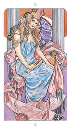 Art Nouveau-style illustration of a woman holding a sword with decorative elements.